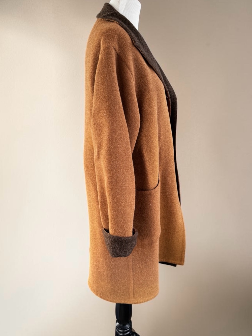 Reversible Brown/Camel Alpaca Wool Blend Coat Size Women's Large Soft Oversized - Picture 11 of 15